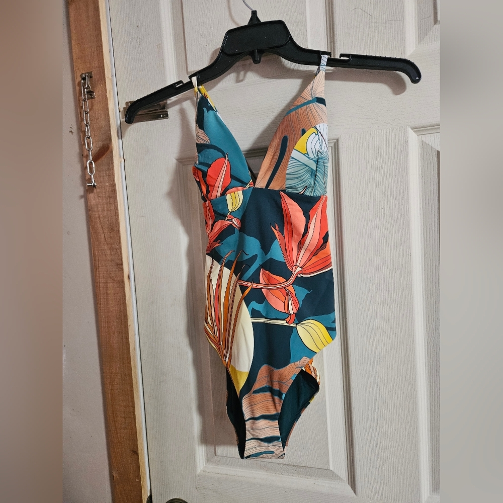 CALIA Swim Triangle Strappy Back One Piece: BOTANICAL PRINT SEA GREEN: NWT: SZ 6